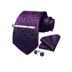 Men's Silk Tie + Pocket Square + Cufflinks + Tie Clip 4 Piece Set